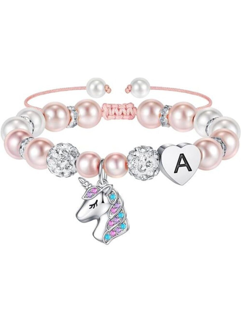 Girls Unicorn Bracelet Adjustable Pink Pearl Rhinestone Heart Initial Jewelry Gi